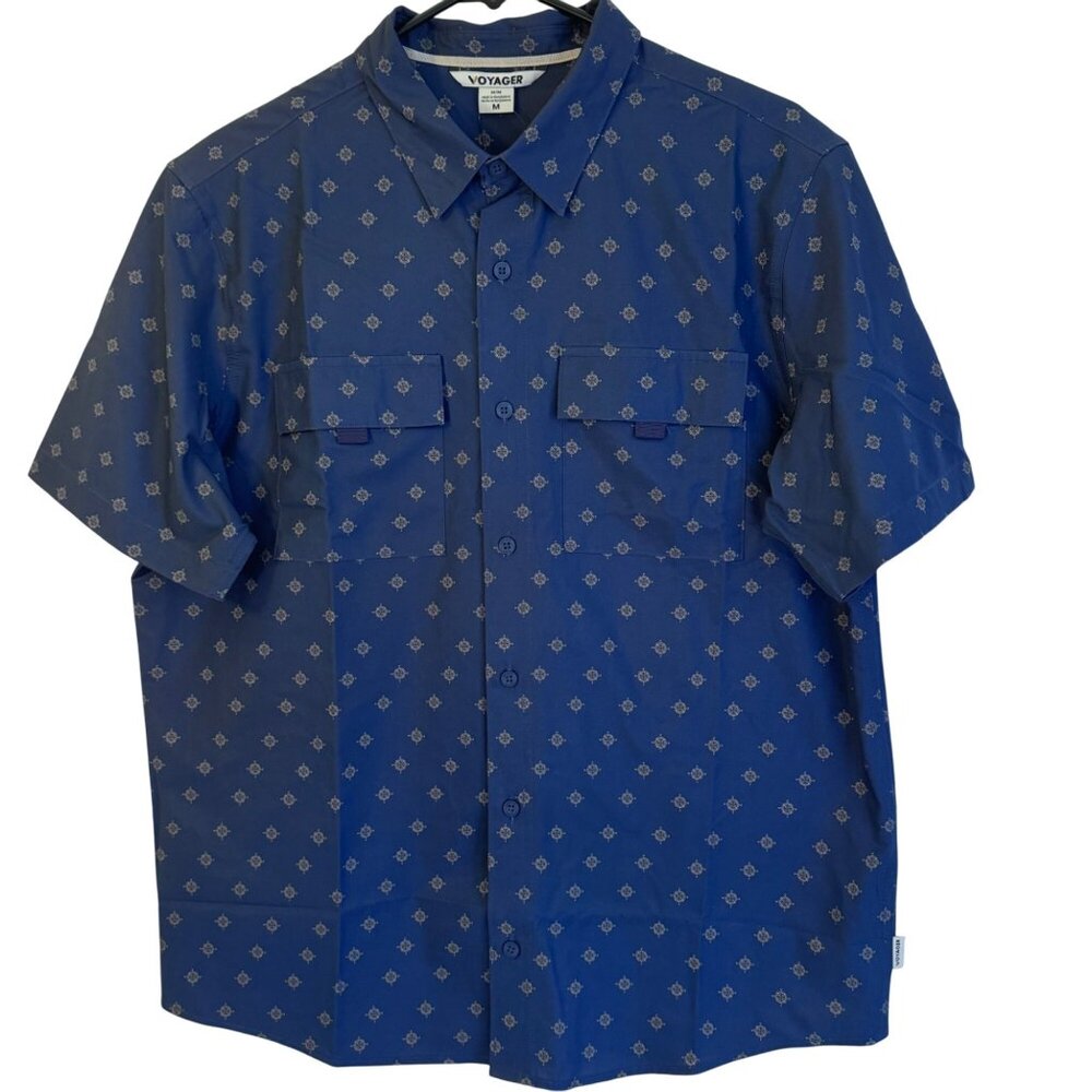 Mens Voyager Navy Blue Short Sleeve Button-Up Shirt